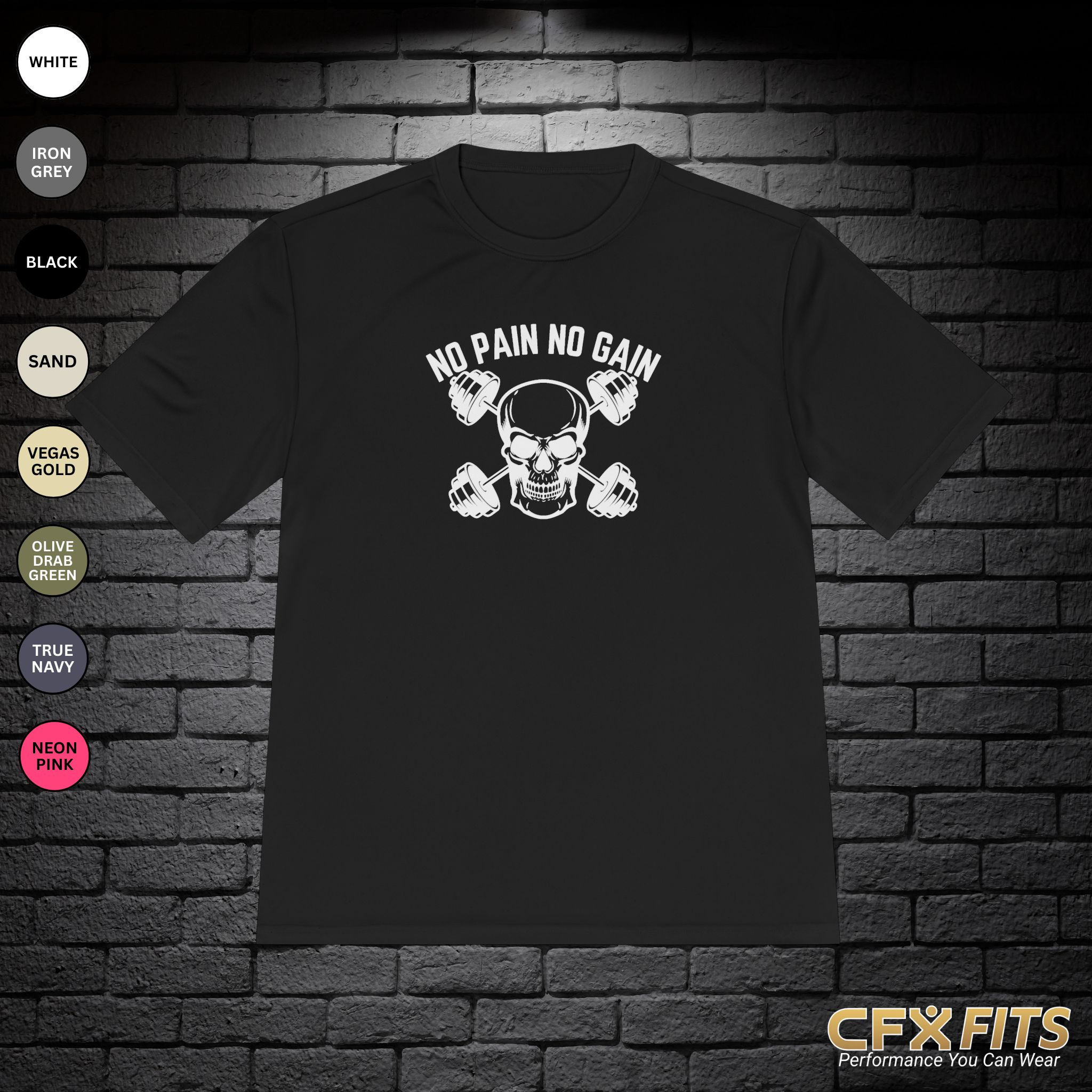 No Pain No Gain performance shirt with skull and dumbbell graphic on black Sport-Tek T-shirt