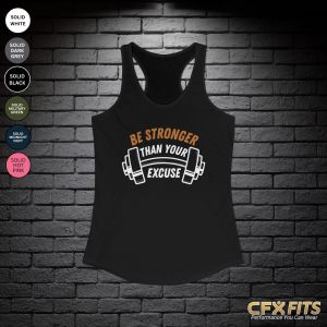 Stronger Than Your Excuse tank with barbell graphic on solid black Next Level tank top