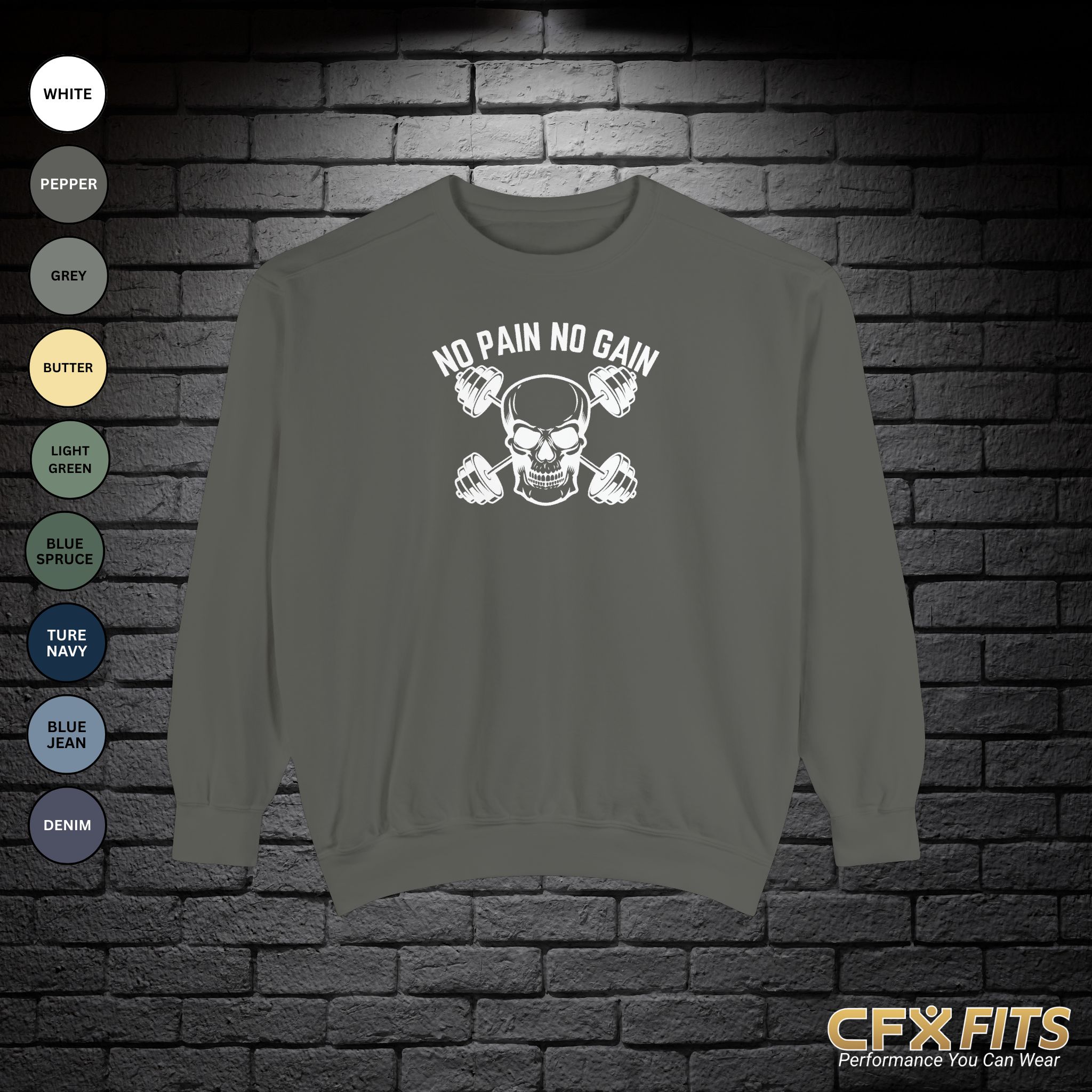 No Pain No Gain crewneck with skull and dumbbell graphic on pepper Comfort Colors sweatshirt
