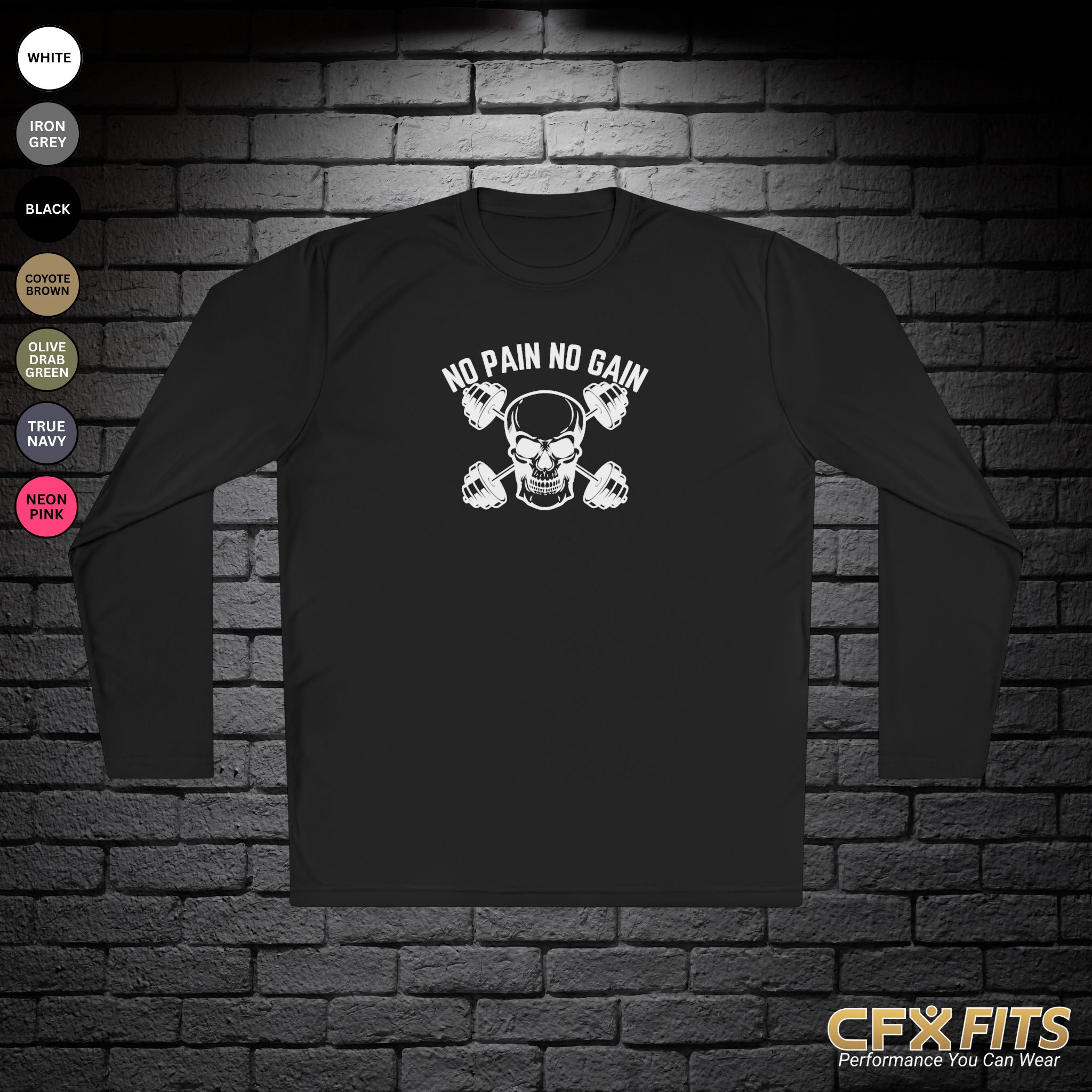 No Pain No Gain long sleeve with skull and dumbbell graphic on black Sport-Tek shirt